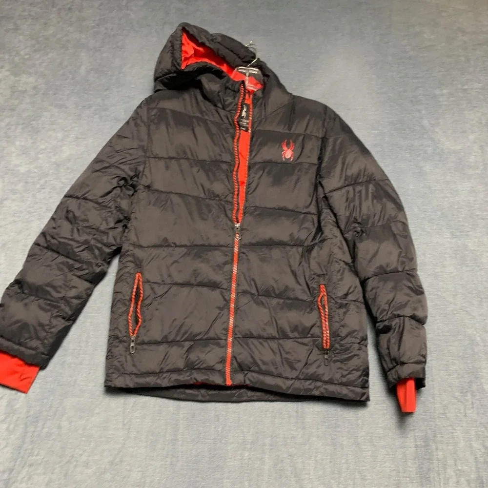Spyder Hooded Puffer Jacket Boys Large 14/16 Black Pockets Winterwear Full Zip